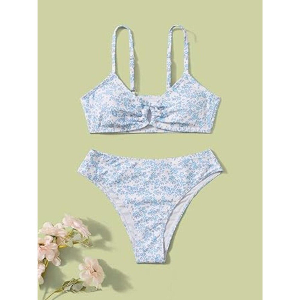 Girls' 2 Piece Ditsy Floral Print Knot Front Ruched Triangle Bikini 14YO